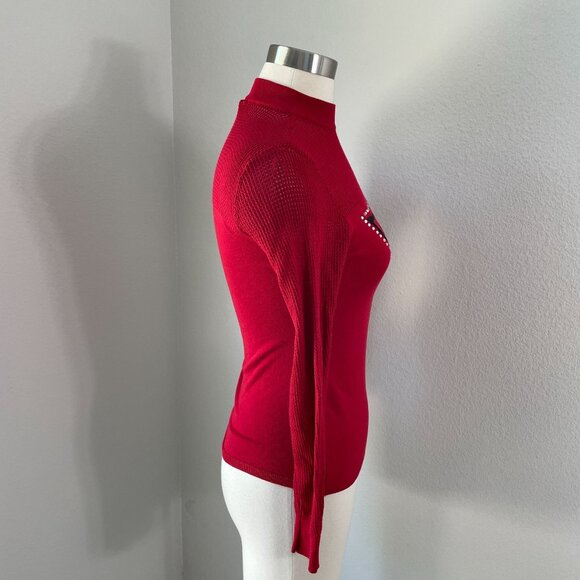Y2K Guess Womens Small Red Mesh Knit Logo Sweater With Rhinestones - Picture 7 of 11